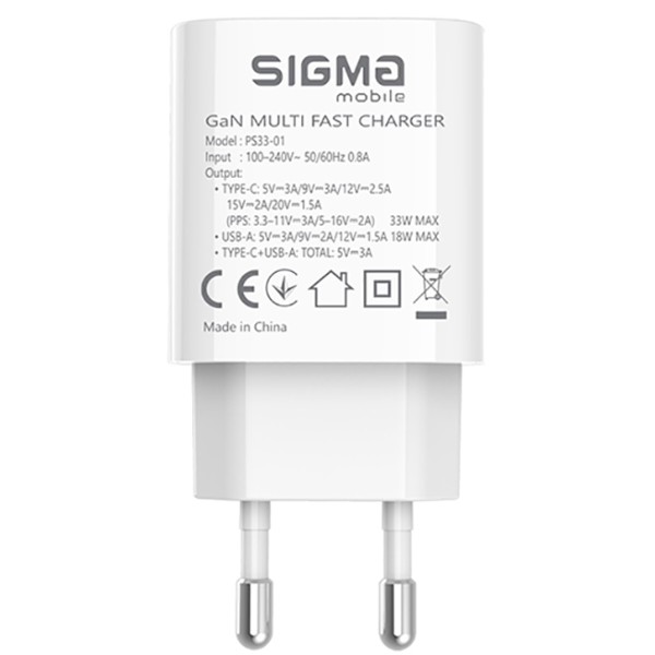 Фото - Мережевий зарядний пристрій Sigma mobile X-power 33W GaN, PD, QC (1xUSB-C + 1xUSB-A) White (PS33-01)